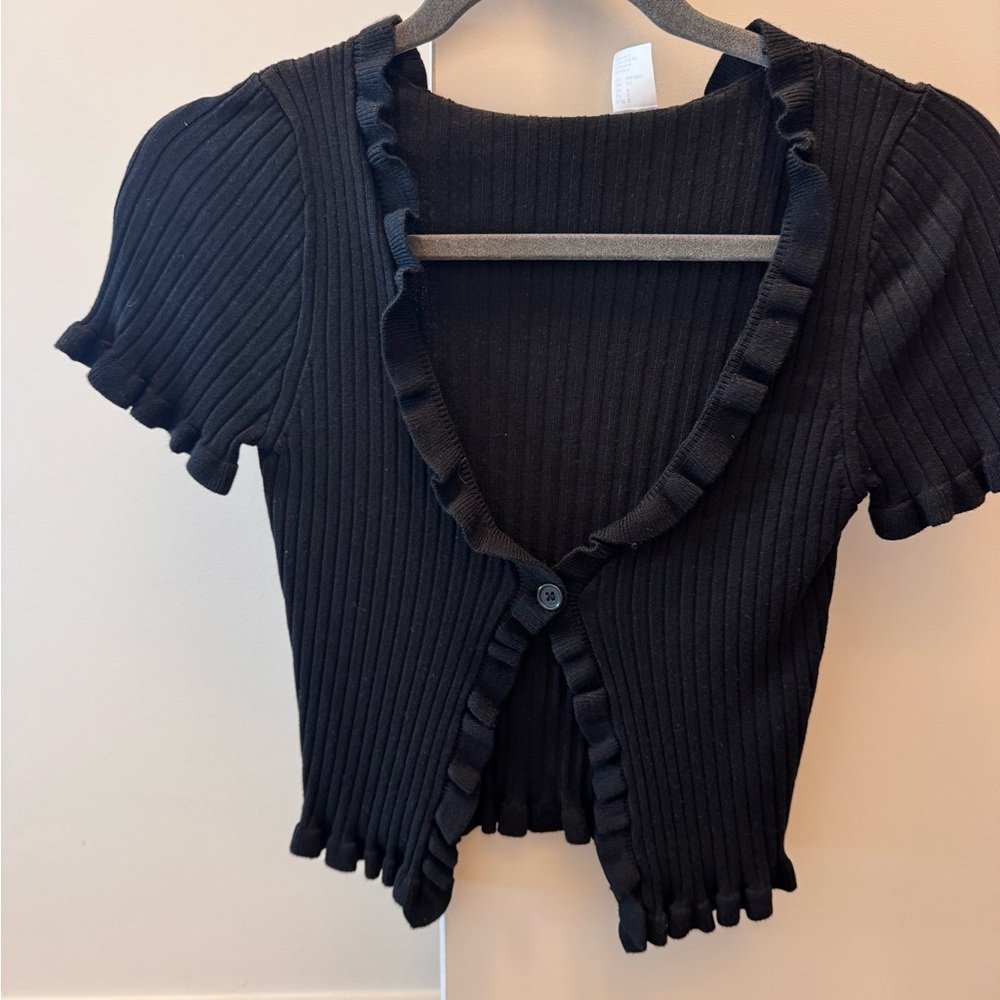 H&M Black Ribbed Short-Sleeve Cropped Cardigan